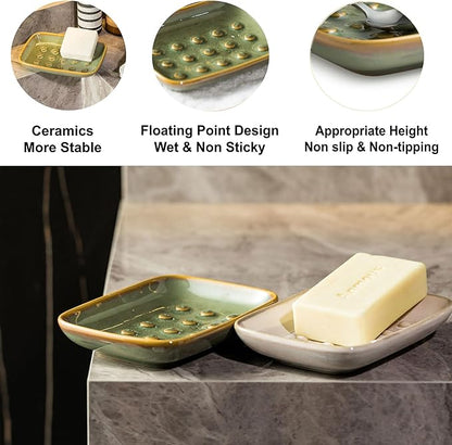 Soap Dish for Shower, Ceramic Soap Dish for Large Soap Bars, Non-Slip Soap Holder & Saver Tray with Floating Point Design for Bathroom, Shower, Kitchen Sink, Save Soap Loss (Pack of 2)