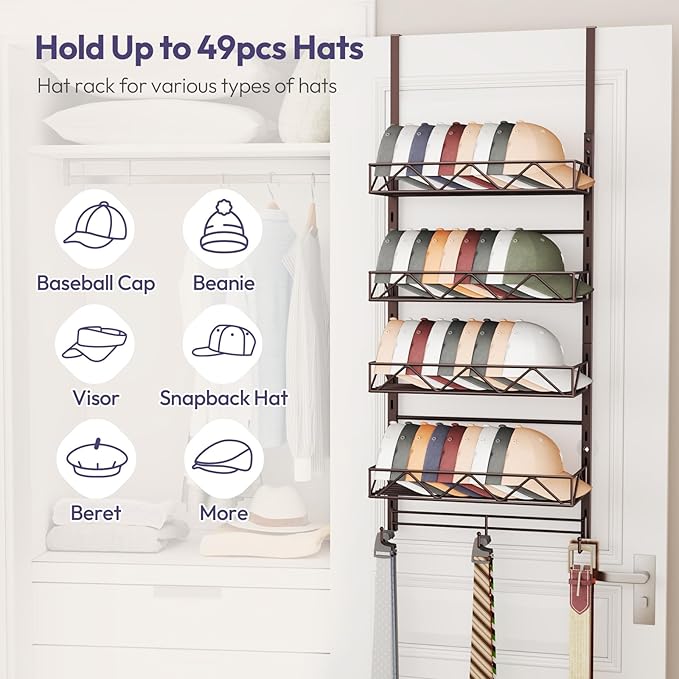 SWTYMIKI Over Door Hat Organizer - 5 Tier Wall Mounted Hat Rack with 4 Adjustable Metal Basket and 3 Hooks, Hanging Baseball Cap Organizer Storage Holds up to 49 Caps for Door, Bedroom, Closet