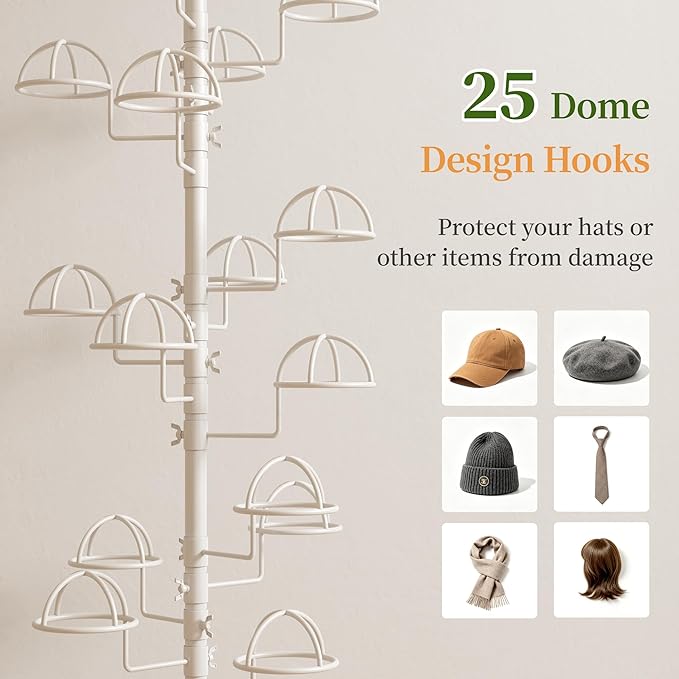 Freestanding Hats Rack Stand with 25 Customizable Circular Hooks Metal Hat Rack Hats Tree Organizer Rack Display Standing Floor Hat Stand for Home Store Commercial, White