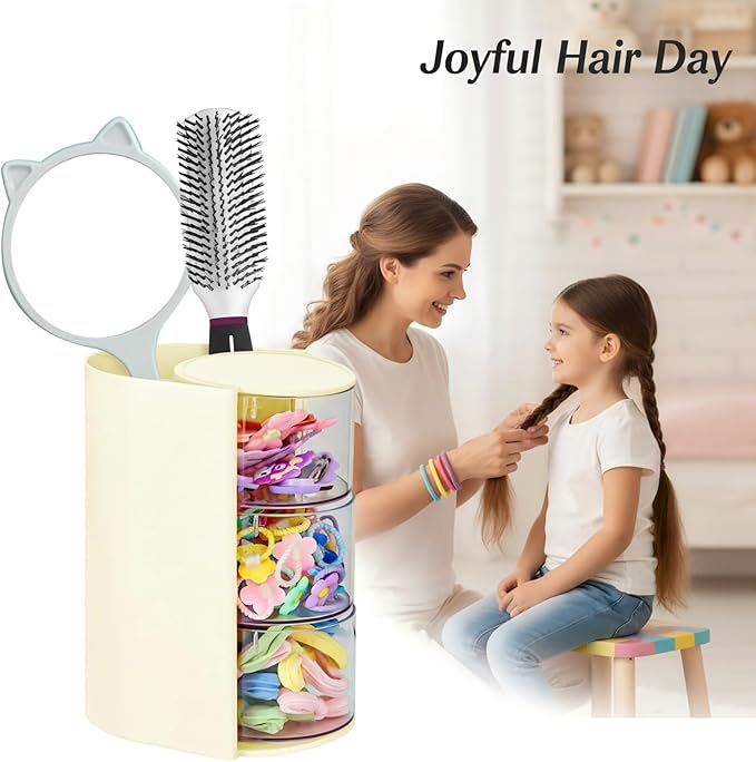 Hair Accessories Organizer with Hair Brush Holder, Rotatable Makeup Brush and Jewelry Storage Box for Hair Clips, Earrings, Necklaces, Bracelets, Rings, and Daily Accessories (Off White,3-Layer)