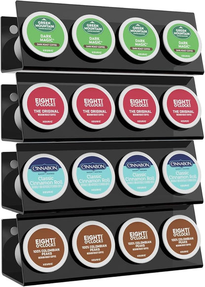 LifeMoreasy K Cup Holders, Acrylic Coffee Pods Organizer Stand Magnetic & Self-Adhesive Wall Mounted K Cup Stand for Kitchen Wall, Cabinet, Fridge (4 Pack for 16 Pods)