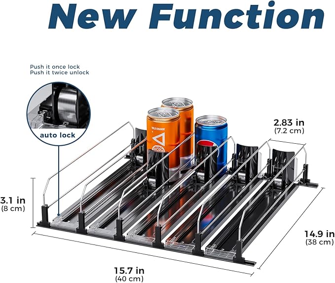Puricon Drink Organizer for Fridge Pusher Glide, Spring Loaded Fridge Drink Dispenser, Self Pushing Soda Can Organizer for Refrigerator, Beer Bottle Beverage Organizer Drink Holder -5 Rows, Black