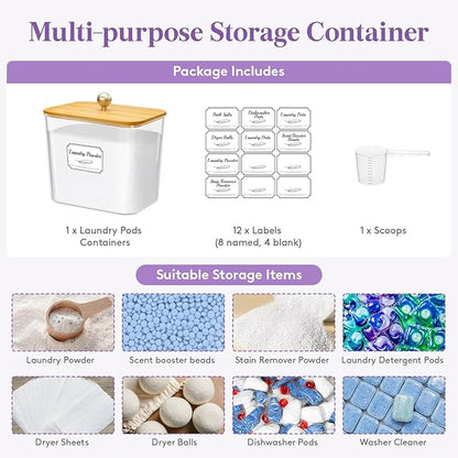 Lifewit Laundry Pods Container with Lid, Dryer Sheet Holder, Room Organization Storage for Coffee Pods Kcup Washing Powder, Scent Booster Beads, 2600 ml/0.7gal，Natural,1 Pcs