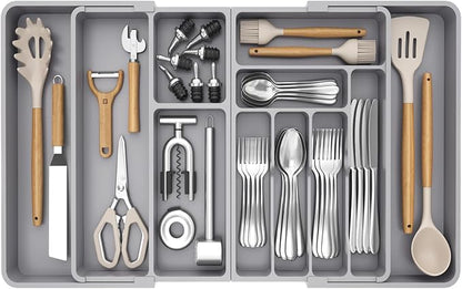 Lifewit Utensil Organizer for Kitchen Drawer, Expandable Cooking Silverware Tray, Adjustable Cutlery Flatware Holder, Plastic Spatula Tools Storage Divider, 21.3- 36 x 16.9", Gray