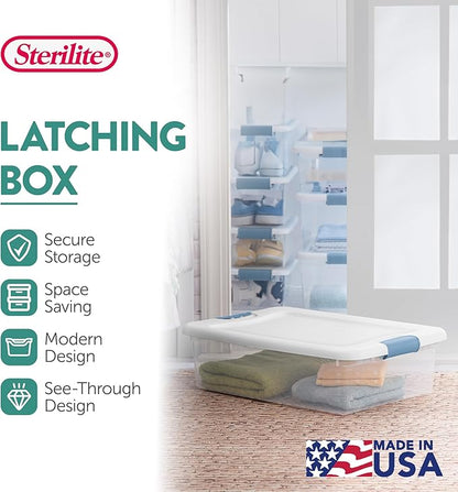 Sterilite 18-Pack Latching Box, Clear Plastic Under Bed Storage Bins with Lids, 32 Quart - Large Stackable Tote Organizer Containers for Closet, Bedroom, Bathroom, and Office Organization