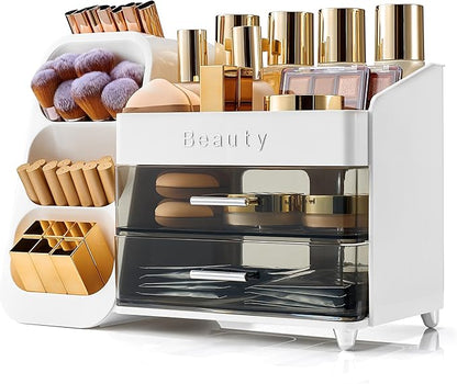 Makeup Organizer for Vanity with Brush Holder, Countertop Makeup organizer with Drawers for Skincare, Cosmetics, Perfumes, Eyeshadow Palettes, Spacious Cosmetic storage organizer