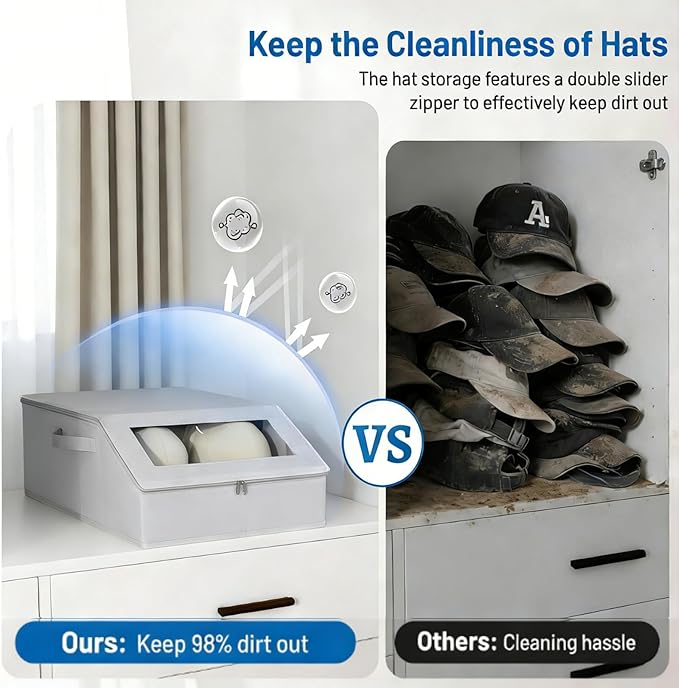 Hat Storage Box Organizer, 1-Pack, Stackable with Clear Windows, Holds 24 Baseball Caps, Grey