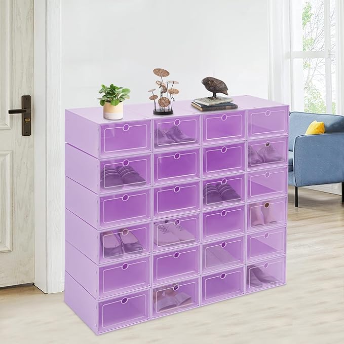 24 Pack Shoe Storage Boxes, Clear Stackable Shoe Organizer for Closet with Flip Lid, Foldable Plastic Shoe Boxes Sneaker Containers for Entryway, Closet, Under Bed (Purple)