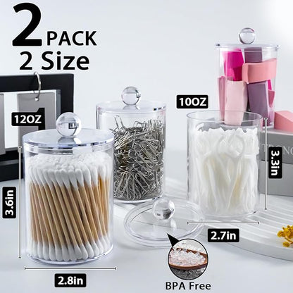 XIPENGKEJI 2 Pack Qtip Holder,Canister Apothecary Jar Set, Bathroom Jars with Lids Set for Cotton Swabs, Balls, Pads, Floss Picks,10oz-12oz Plastic Canisters Restroom Bedroom Vanity Organizer(Clear)