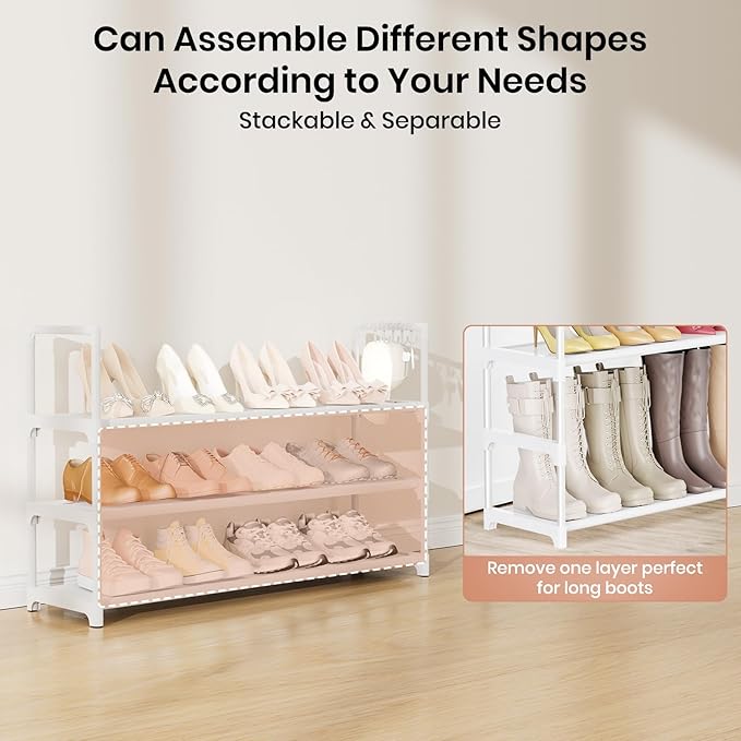 VILICK Shoe Rack for Closet Shoe Organizer Space Saver Storage for 12-15 Pair Shoe Shelf with Hook Free Standing 3 Tier Shoe Rack Organizer for Entryway, Small Spaces, White