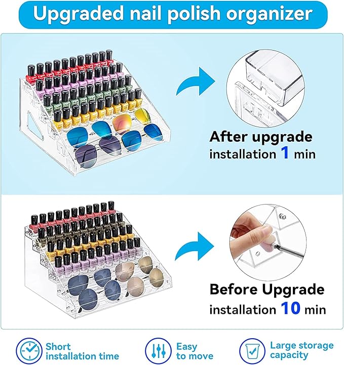 Nail Polish Organizer 72 Bottles of 6 Layers Sunglass Organizer Acrylic Display Rack Eyeglasses Storage Essential Oils Holder Makeup Organizer No Tool Needed Assembly, Clear