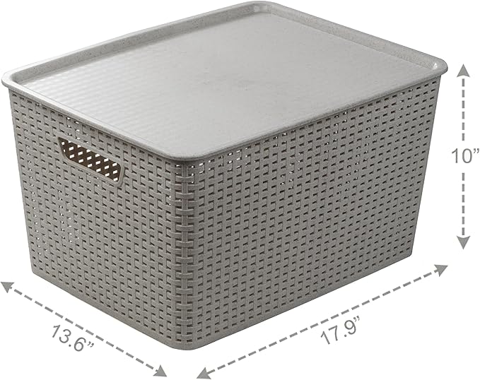 BINO | Plastic Storage Baskets with Lids, 33 Liter - 3 Pack, Natural Grey | THE WOVEN COLLECTION | Storage Basket for Shelves | Woven Storage Baskets for Organizing Bins | Pantry Shelf Organizer Bin