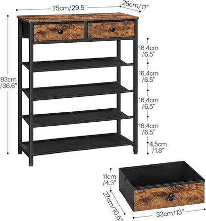 HOOBRO Shoe Rack, 5 Tier Shoe Storage Organizer with 2 Non-Woven Drawers, 12-16 Pairs of Shoes for Entryway, Shoe Shelf with 4 Oxford Fabric Shelves and Wooden Top, Closet, Rustic Brown BF78XJ01