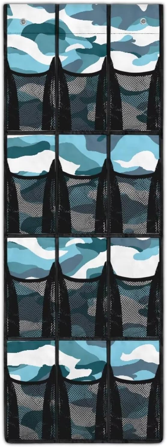 Generic Blue Camouflage Bed Organizer Hanging Pocket Strong Door Storage Organizer Heavy Duty Over Door Storage Organizer with Waterproof Pockets for Dormitory Kitchen