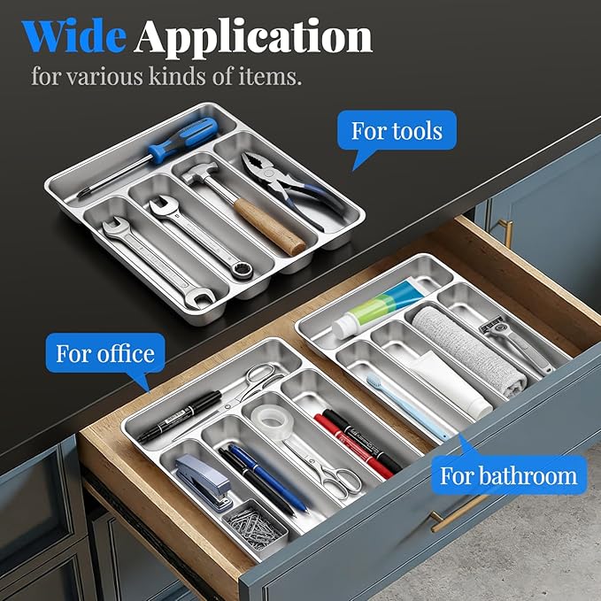 IKOCO Silverware Organizer Stainless Steel Utensil Drawer Organizer with 5 Compartments for Kitchen, Dishwasher Safe, Holds Spoons Forks Knives (13.8" x 11.4" x 1.6", Silver)