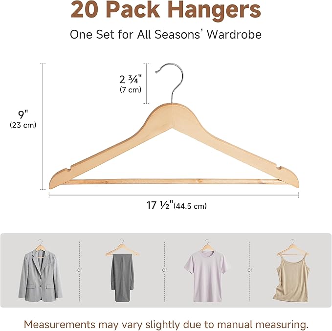 StorageWorks Wooden Hangers 20 Pack, Wood Coat Hangers for Closet, Heavy Duty Clothes Hangers for Suits, Shirts, Pants, Jackets, Natural Wood Color
