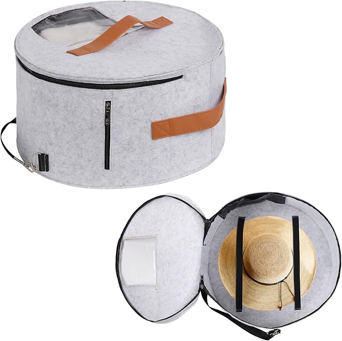Pehciroe Round Hat Storage Box, Portable Felt Travel Hat Boxes for Women & Men with Translucent Dustproof Lid and Shoulder Strap for Various Types of Hats/Clothes & Toy Storage/Closet Organizer, Grey