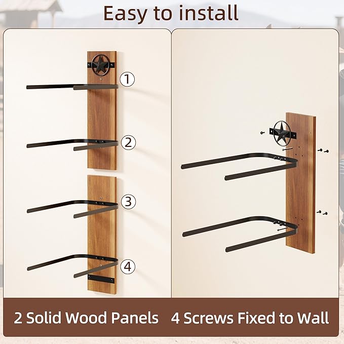 Hat Holder Rustic Wood Star Design – 2-Piece Organizer with Extra Wide Wooden Boards (12cm / 4.72"), 4-Hook Cowboy Hat Rack for Wall, Western Decor, Hat Storage Display Hanger