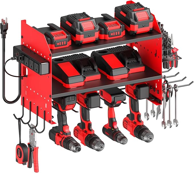 CCCEI Modular Power Tools Organizer Charging Station, Drills and Battery Storage Wall Mount, Garage Shop Organization, Anniversary, Birthday, Gifts for Men, Father, Red, 1 Pack.