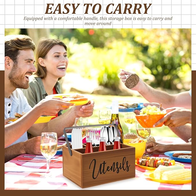 Utensil Holder, Silverware Organizer with Handle, Wooden Kitchen Utensil Caddy, 4 Compartmen Cutlery Holder Flatware Caddy, Spoon Holder, Versatile Organizer for Kitchen Counter Party Picnic Camping