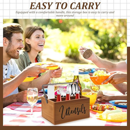Utensil Holder, Silverware Organizer with Handle, Wooden Kitchen Utensil Caddy, 4 Compartmen Cutlery Holder Flatware Caddy, Spoon Holder, Versatile Organizer for Kitchen Counter Party Picnic Camping