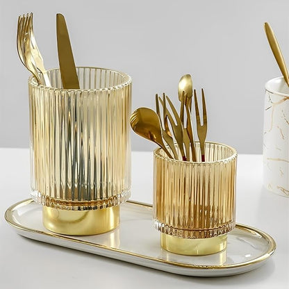Makeup Brush Holder Organizer, Heavy Crystal Glass Brush Storage Holder, Vintage Cosmetic Make Up Bathroom Brushes Cup Pen Pencil Toothbrush Holder Striped Vase (Large (amber))