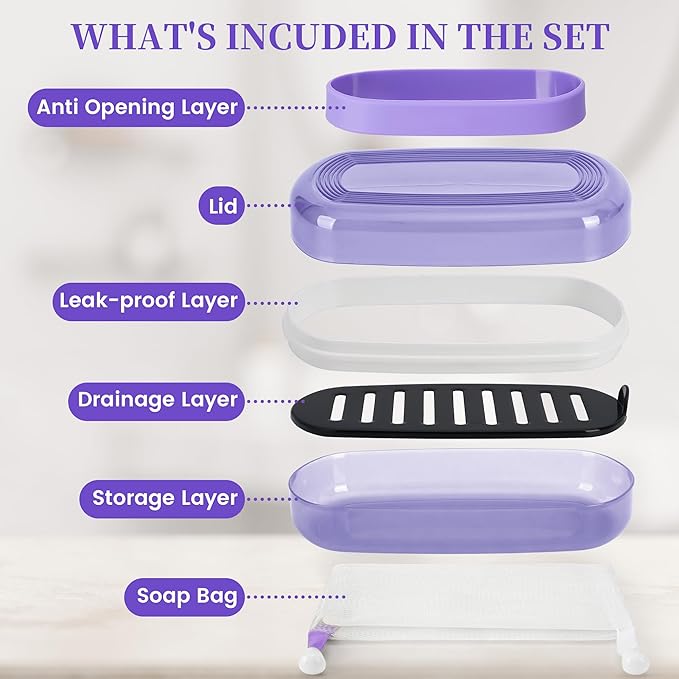 Shampoo Bar Holder and Soap Case, Leakproof Travel Container with Lid & Drain Tray, Includes Silicone Strap and Soap Bag, Compatible with Kitsch Solid Shampoo & Conditioner Bars(Grape Purple, Large)