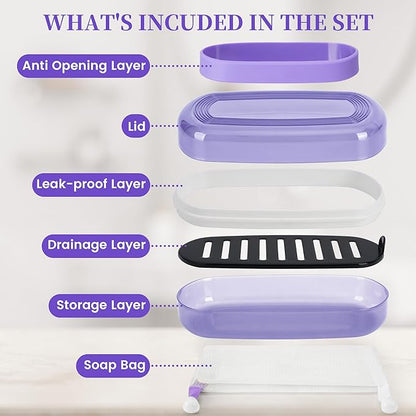 Shampoo Bar Holder and Soap Case, Leakproof Travel Container with Lid & Drain Tray, Includes Silicone Strap and Soap Bag, Compatible with Kitsch Solid Shampoo & Conditioner Bars(Grape Purple, Large)