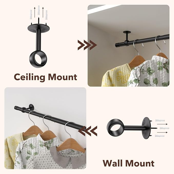 SUTINE Closet Rod, Closet Rods for Hanging Clothes, 17 to 67 inch Adjustable Ceiling/Wall mounted Closet Hanging Rod, Heavy Duty Clothes Rod Clothing Bar, Closet Poles for Hanging Clothes for Wardrobe