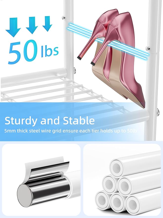 6 Tier 27" Metal Shoe Rack for Closet, Shoe Organizer Storage Shlef with Pocket, White