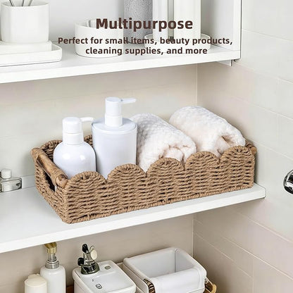 CubesLand Bathroom Basket Organizer w/Cut Out Handle, Back of Toilet Paper Storage Baskets Tray for Bathroom Countertop Decorative, Scalloped Wicker Basket Also for Home Decor, Living Room, Neutral
