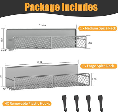 Magnetic Spice Rack for Refrigerator, 2 Pack Metal Magnetic Shelf Grey, Moveable Spice Organizer with Hooks, Super Magnetic Fridge Shelf for Kitchen Organization and Storage