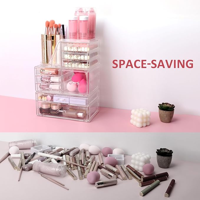Clear Makeup Organizer with 9 Drawers & Rotating Brush Holder - Large Capacity Cosmetic Display Cases Storage for Vanity, Countertop, Bathroom, Lipstick and Skincare Organization