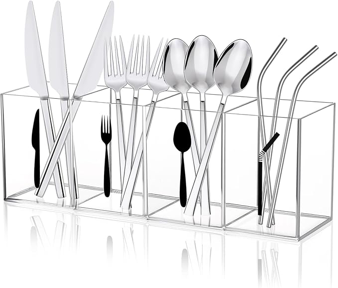 Acrylic Cutlery Storage Organizer Bin with Straw Holder, Clear Acrylic Silverware Caddy Utensil Holder 4 Section Plastic Cutlery Caddy Straw Organizer for Countertop Kitchen Party Buffet Picnic