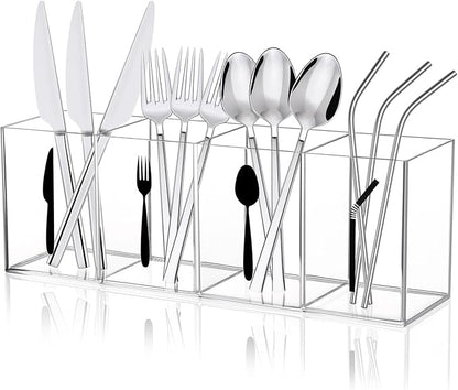 Acrylic Cutlery Storage Organizer Bin with Straw Holder, Clear Acrylic Silverware Caddy Utensil Holder 4 Section Plastic Cutlery Caddy Straw Organizer for Countertop Kitchen Party Buffet Picnic