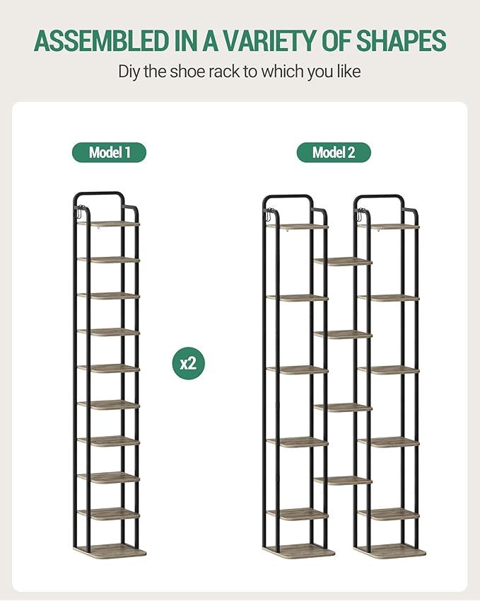 Hzuaneri 10 Tiers Vertical Shoe Rack, Narrow Shoe Tower, Tall Shoes Shelf with 2 Hooks, Adjustable Shelves, Corner Shoes Shelves for Small Spaces, Entryway, Living Room, Greige SR11205B