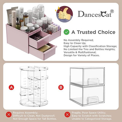 DancesCat Pink&2 Drawers Makeup Organizer Countertop, Vanity Organizer with 7 Compartments and 2 Drawers for Cosmetics, Skincare, Brushes, Perfume, Bathroom Counter Organizer