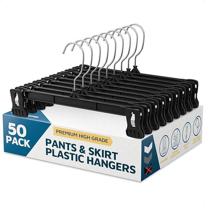 Lifemaster Pants Hangers with Clips Pack of 50, 12-Inch Heavy-Duty Clothes Hangers with Non-Slip Ridged Grip Clips & 360° Swivel Hook, Space-Saving Closet Organizer for Pants, Skirts & Shorts, Black