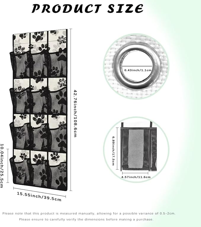 12-Pocket Behind The Door Storage Organizer, Oxford Material Waterproof Foldable and Designed for Bathroom Pantry or Bedroom Use, Black Dog Paw Print