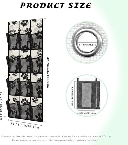 12-Pocket Behind The Door Storage Organizer, Oxford Material Waterproof Foldable and Designed for Bathroom Pantry or Bedroom Use, Black Dog Paw Print