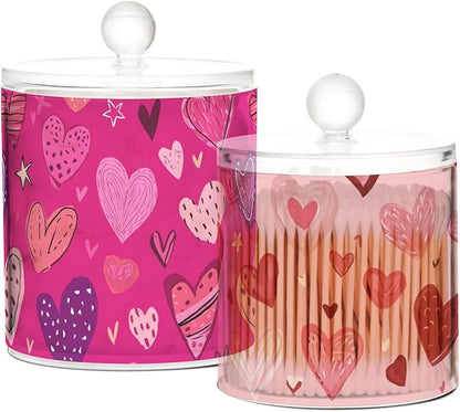 2 Pack Qtip Dispenser Apothecary Jars with Lids Cotton Round Holder Bathroom Canisters for Cotton Swab Floss Ball Pads Clear Plastic Decorative Pink Valentine Hearts
