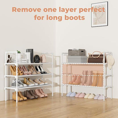 LANTEFUL 3 Tier Shoe Rack for Closet, Shoe Organizer with 5 Hooks, Long Shoe Shelf Storage for Shoe and Boot Stackable Free Standing Shoe Rack for Entryway, Garage, Small Spaces, Dorm, White
