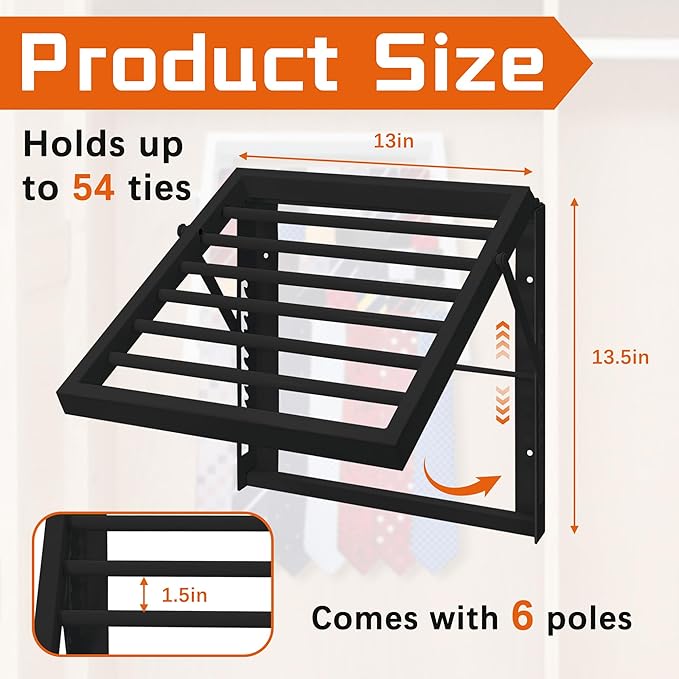 Tie Organizer for Men, Tie Organizer up to 54 Ties, Metal Tie Racks for Men Closet, Tie Holders for Closet, Tie Rack Wall Mounted, Suitable for Ties, Scarves and Belts Organization (Black)