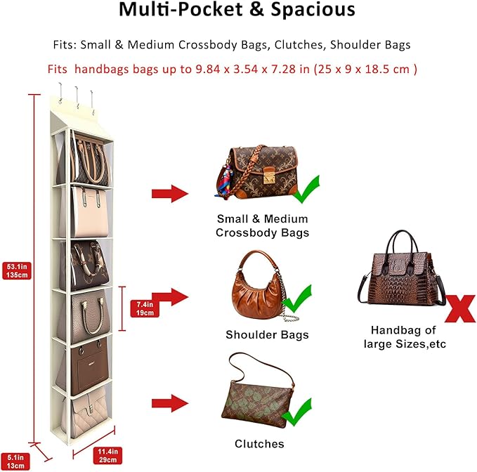 Lirex Over The Door Purse Organizer & Purse Shelf for Closet – Handbag Storage Organizer with Purse Hanger. Perfect for Scarves, Hats, and Leggings. S (11.8'' x 5'' x 51.6''), Cream White