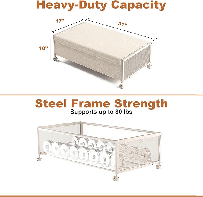 2 Pack Under the Bed Storage Containers,10 inch Height Under Bed Shoe Storage,31inch Long Underbed Storage with Wheels,Large Rolling under bed Clothes Storage Drawers with Lid for Dorm Tall ,Ivory