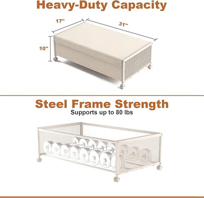 2 Pack Under the Bed Storage Containers,10 inch Height Under Bed Shoe Storage,31inch Long Underbed Storage with Wheels,Large Rolling under bed Clothes Storage Drawers with Lid for Dorm Tall ,Ivory