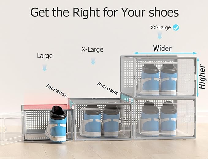 Kuject XX-Large Shoe Storage Boxes Organizers Clear Plastic Stackable 12 Pack, Shoe Rack & Holder Substitute, Sneaker Containers, Shoe Storage Organizer Bins for Closet, Under Bed, Grey(No Fold Line)