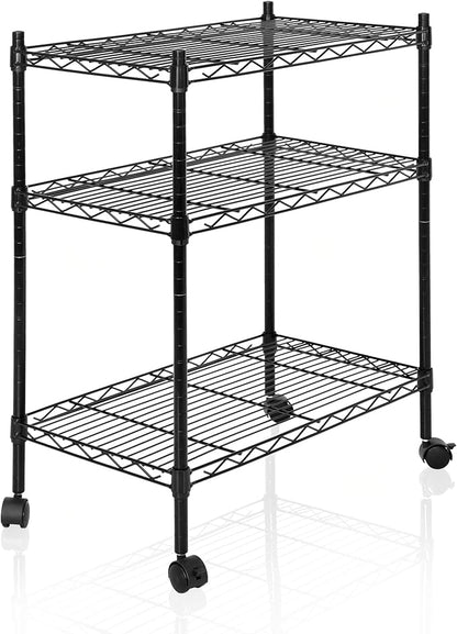 SUPER DEAL 3-Shelf Adjustable Heavy Duty Storage Wire Shelving Unit with Wheels, Metal Organizer Wire Rack Microwave Utility Cart, Black (24L x 14W x 31H)