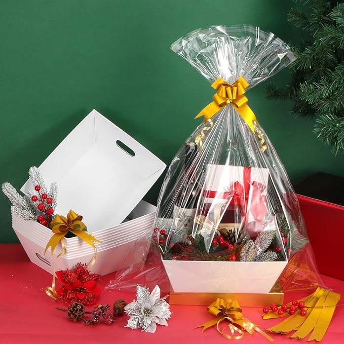 AFOROEOA 6PACK Baskets For Gifts Empty, 10x12”Thick White Gift Basket with 6 Bows 6 Bags Empty Gift Baskets for Christmas, Valentine’s Day, Easter, Birthdays, Valentine’s Day Wrapping Gift
