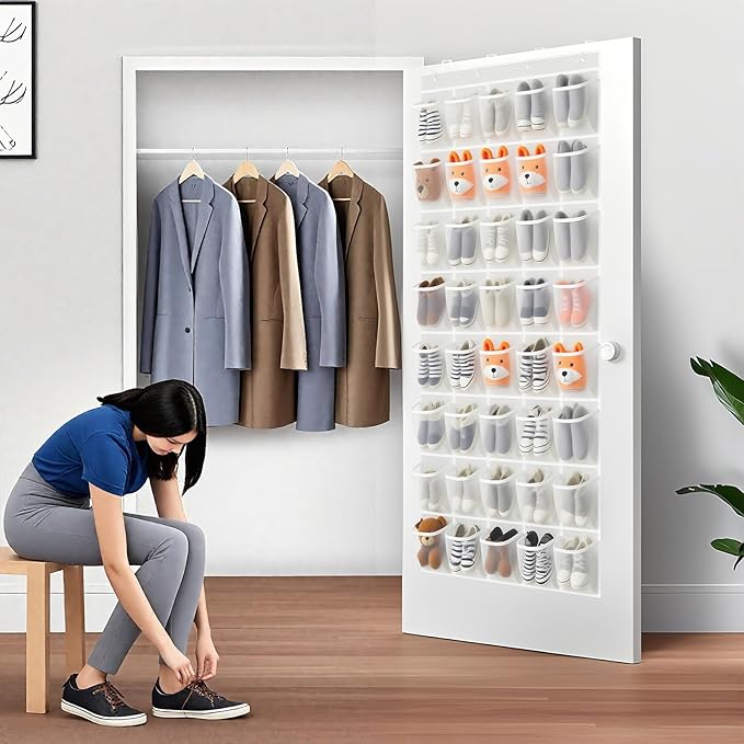 40-Pocket Over the Door Shoe Organizer - Large Mesh Pocket Hanging Shoe Rack for Door, Shoes Storage Holder Sturdy Non-woven Fabric - Stores 20 Pairs (White02)